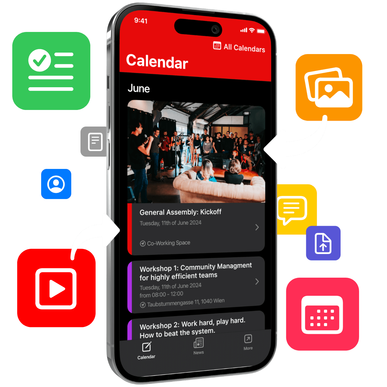 Darstellung eines iPhones mit einer kula-App, umgeben von Feature-Icons.